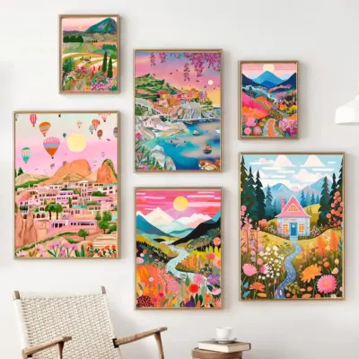 Flowers Mountain Lake Colorful Poster