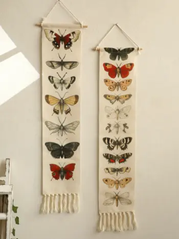1pc Vintage Boho Butterfly Moth Wall Art Tapestry, Cotton Banner with Tassels – Rustic Nature Home Decor for Living Room Bedroom