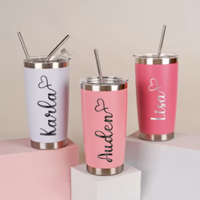 Personalized 20oz Engraved Tumbler, Custom Name Travel Mug, Stainless Steel Cups, Insulated Bridesmaid Tumbler, Tumbler with Straw