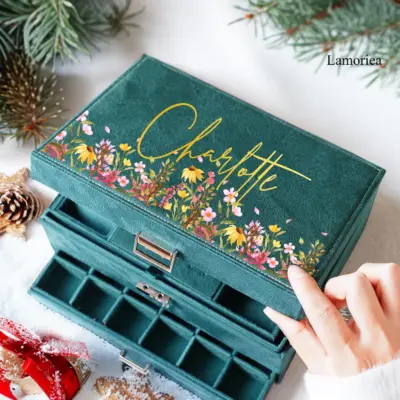 Custom Large Velvet Jewelry Box with Flowers, Women Makeup Organizer Box, Jewelry Display, Girls Jewelry Box, Christmas gifts, Women&apos;s Gift